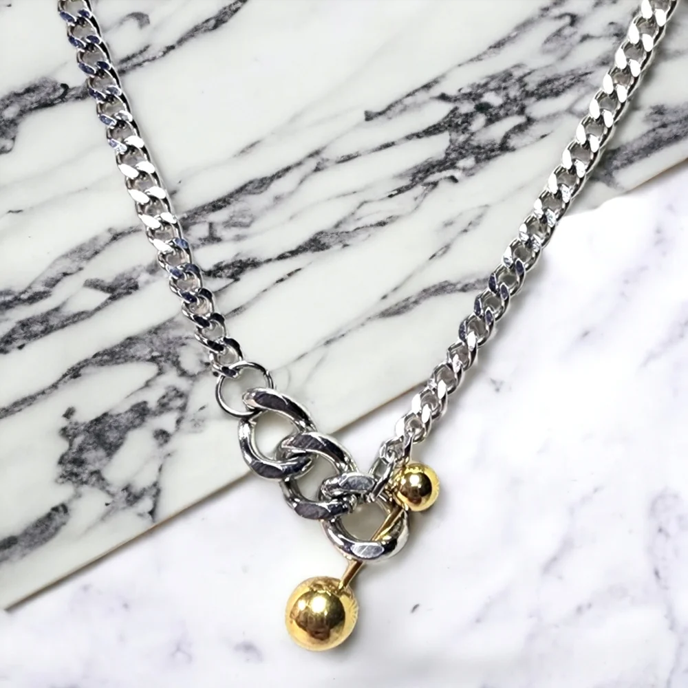 ๐๏ธ Two Tone 18K Gold Plated Link Chain Gold Ball Bar Necklace - Picture 6 of 6